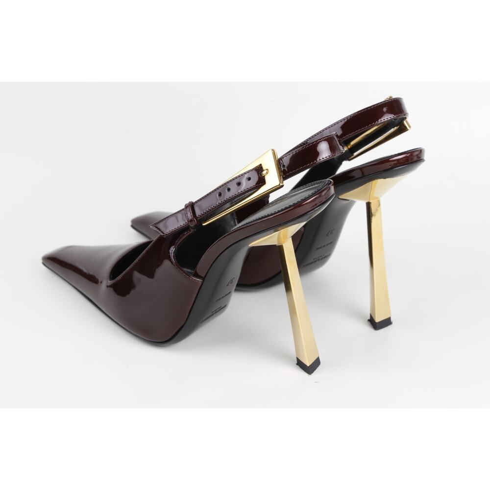 Saint Laurent Lee Burgundy Patent Leather Slingback Pointed Toe Heels Gold 37 - Picture 4 of 16